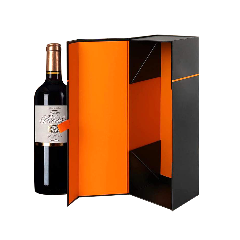 Caja de vino magnética plegable para vino y champán Caja de vino plegable con cierre magnético (negro brillante)